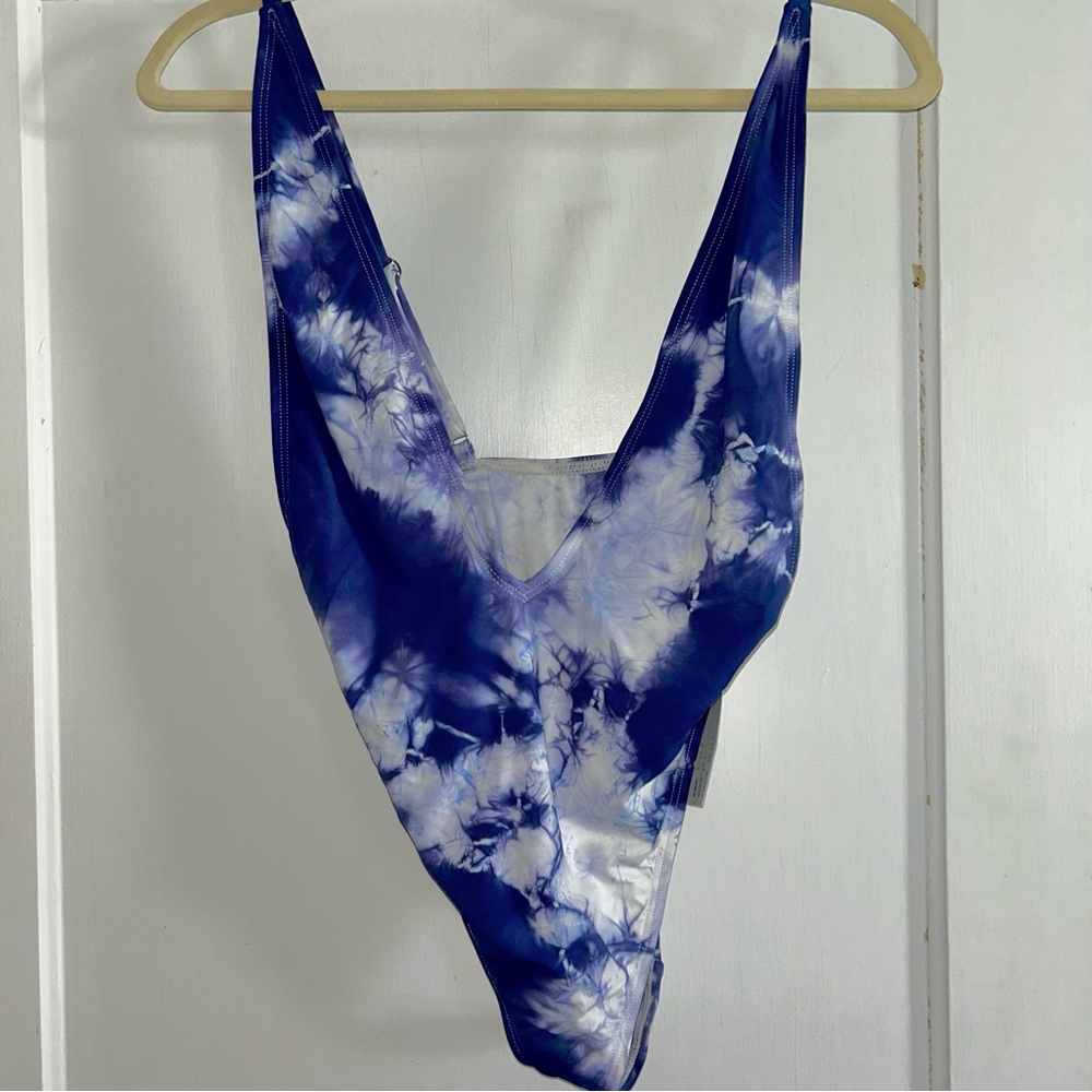 Blue and White Tie-Dye One Piece with Plunging V-Neckline